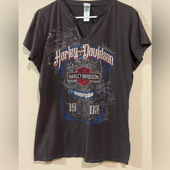 Harley-Davidson Tops - Harley-Davidson Distressed Y2K Embellished V-Neck Women’s Tee- Size XL